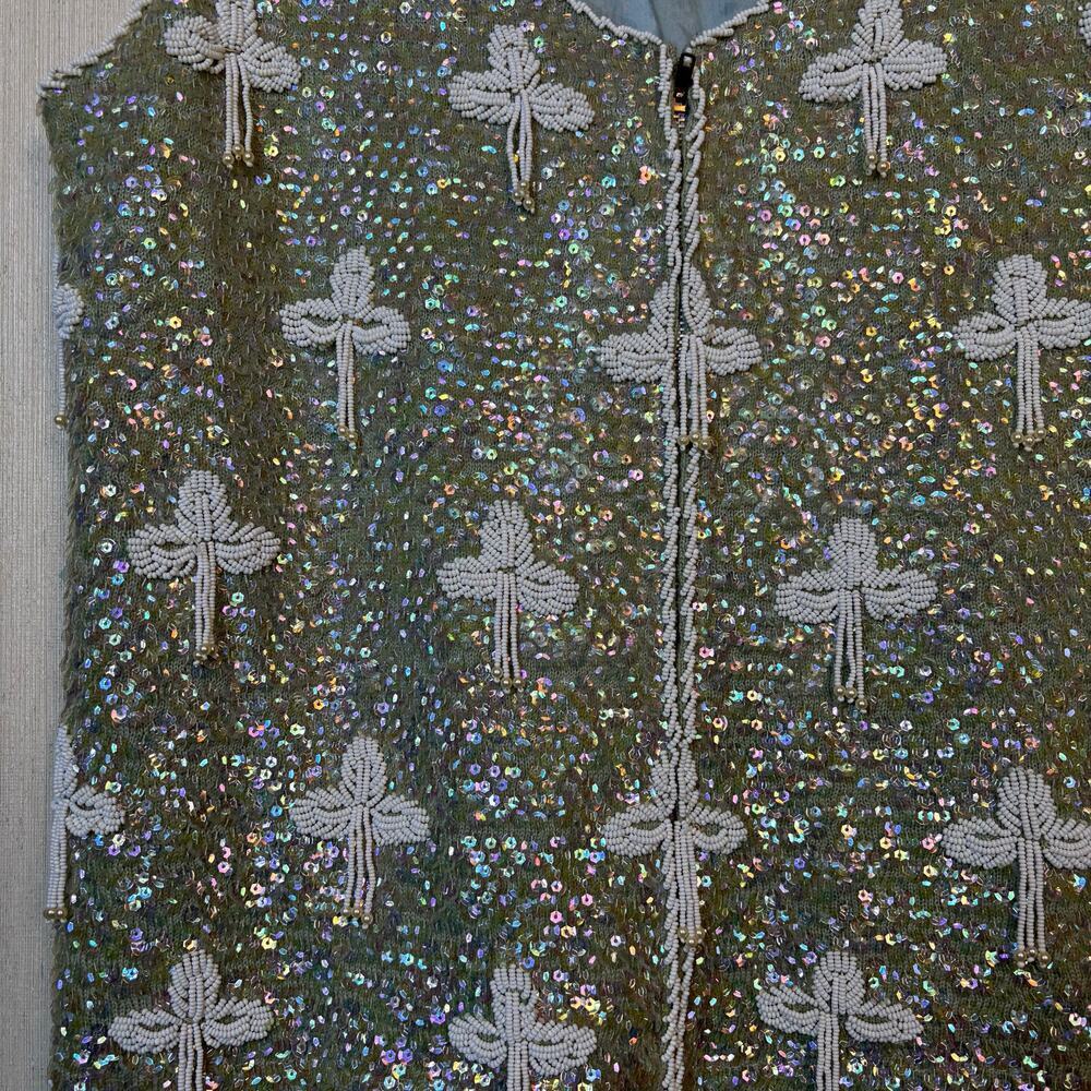 VTG Regalia Imports Floral Beaded Sleeveless Top Small Sequin 100% Wool Fringe - Picture 8 of 11